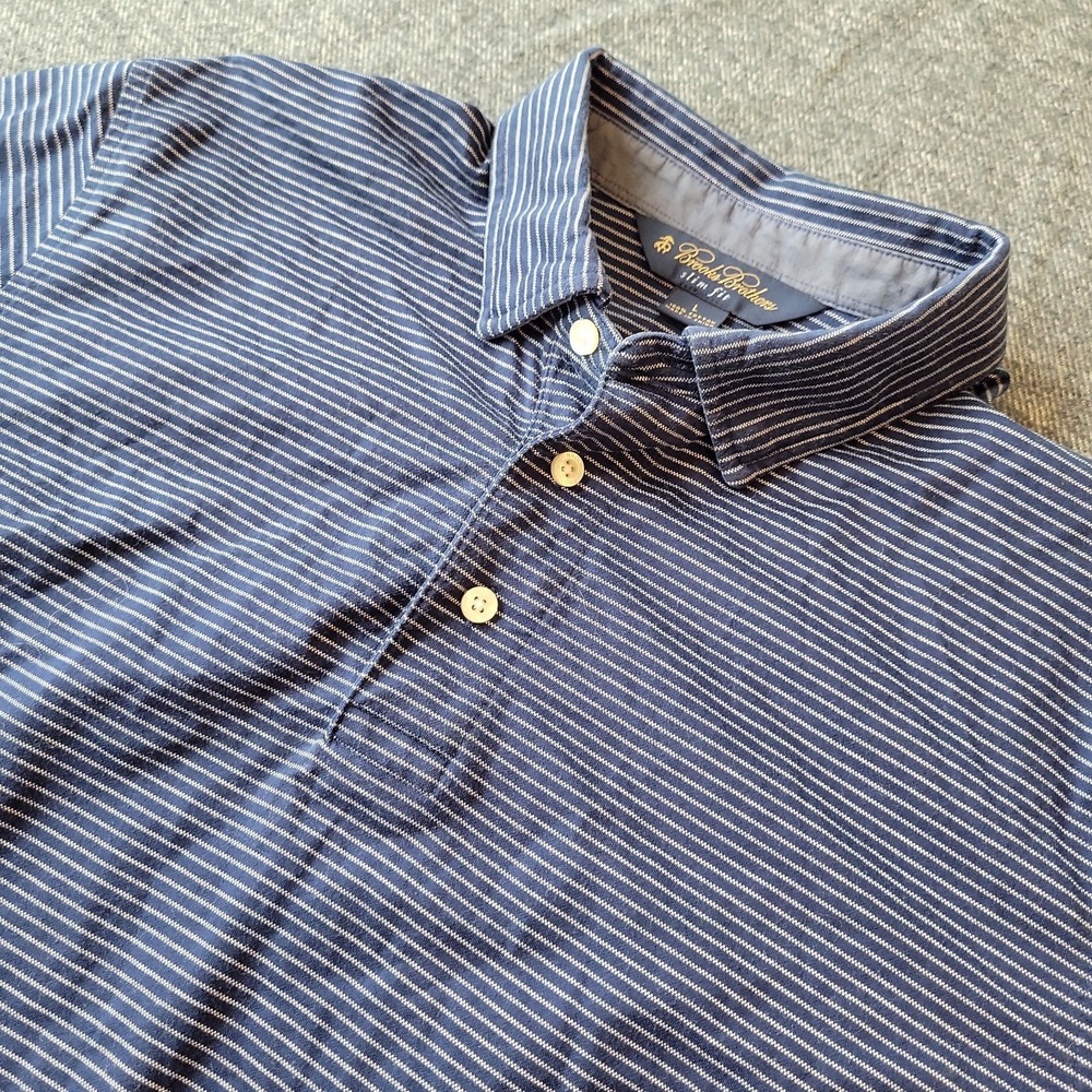 Brooks Brothers Polo Shirt Men's Large Slim Fit Blue White Striped Stretch